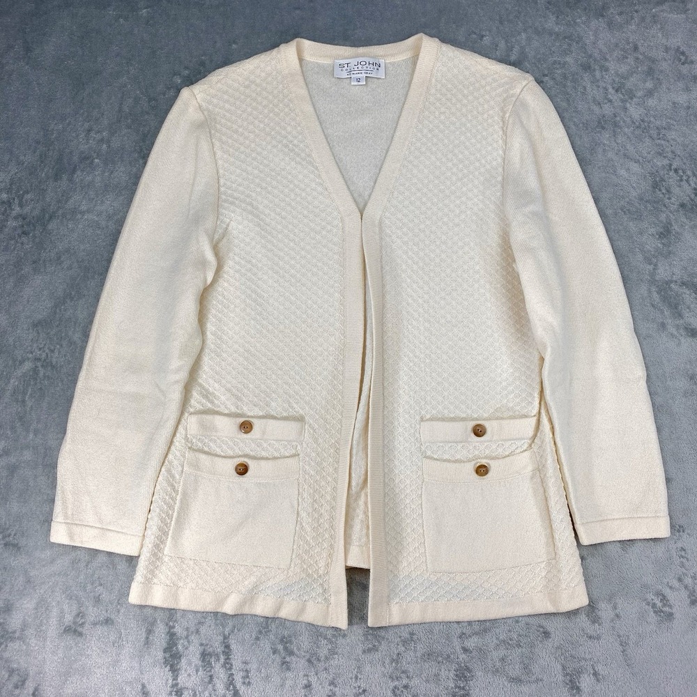 St. John Collection Sweater Womens Sz 12 Cream Textured Santana Knit Cardigan